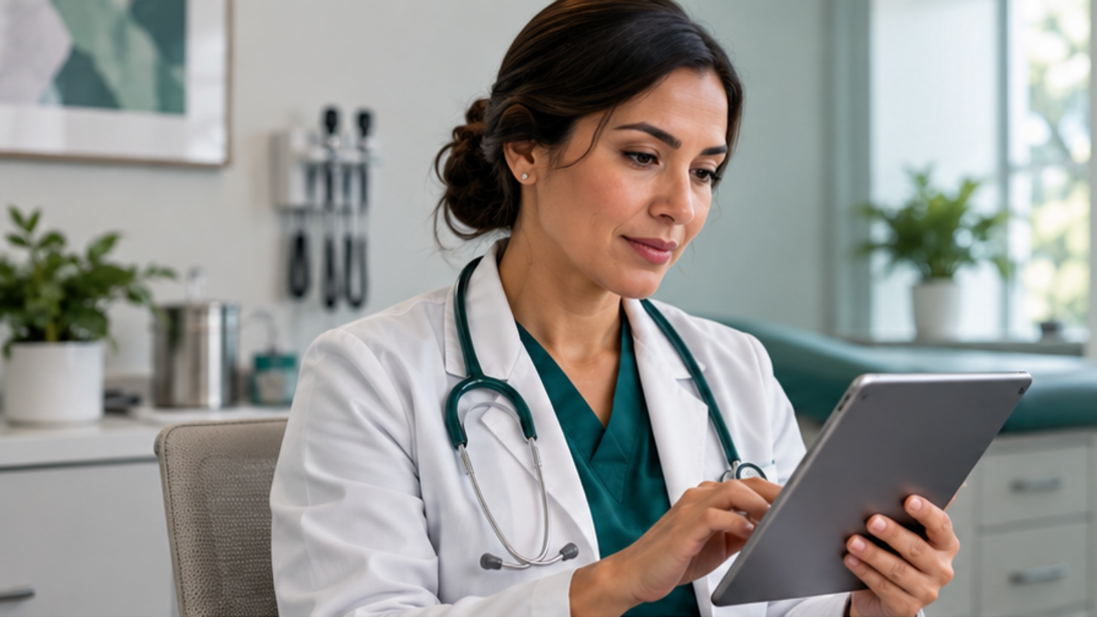 Médica usando una tableta en un consultorio contemporáneo